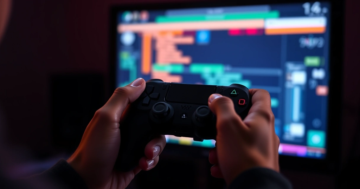 Mãos segurando um controle de videogame num ambiente escuro