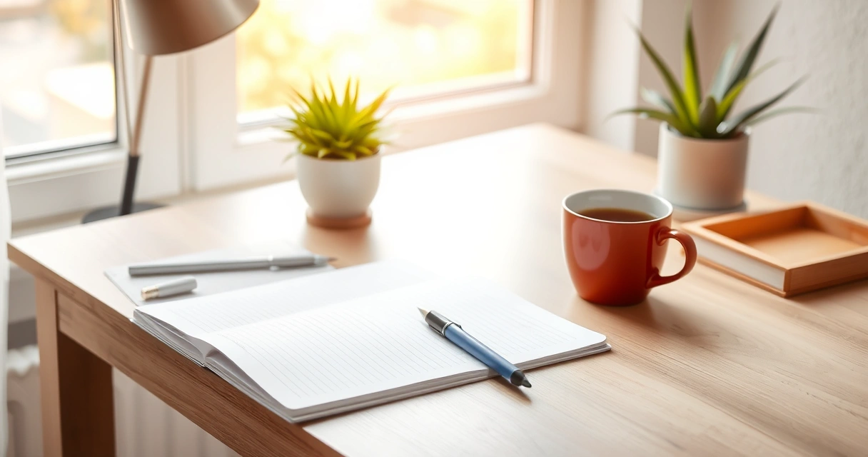 Escrivaninha organizada com caderno, caneta e xícara de café