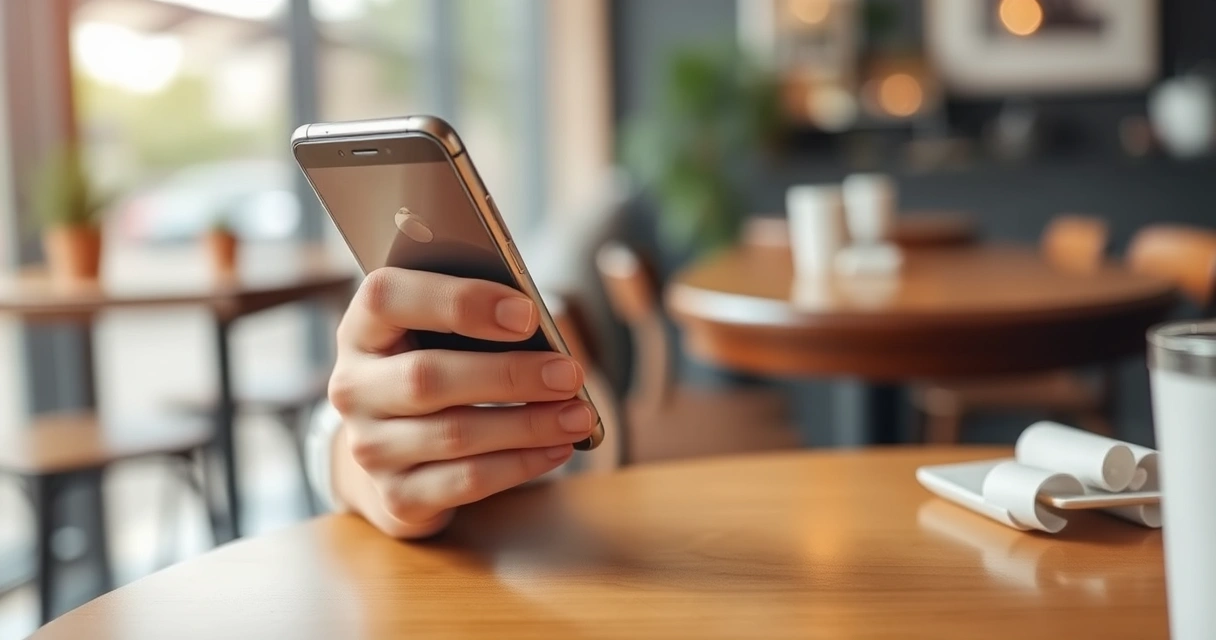 Pessoa segurando um celular na mesa de uma cafeteria
