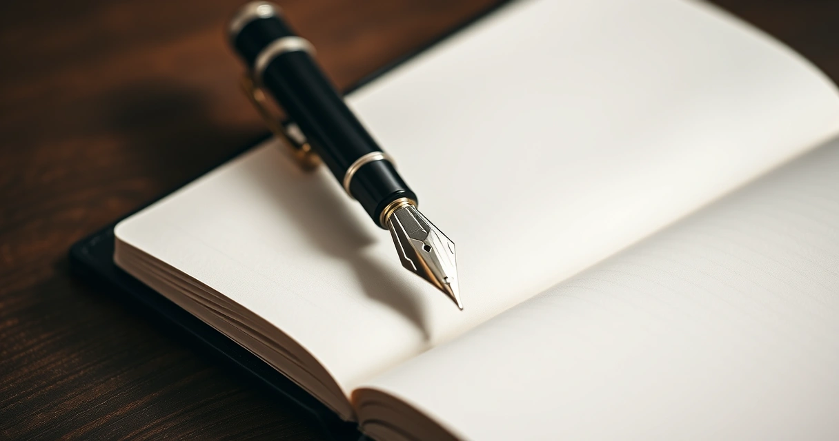 Caneta apoiada sobre um caderno aberto, em close