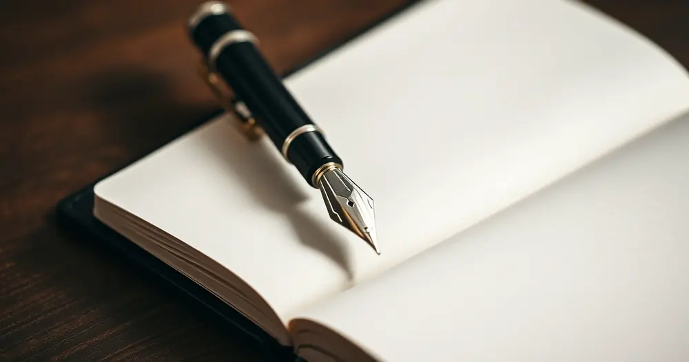 Caneta apoiada sobre um caderno aberto, em close