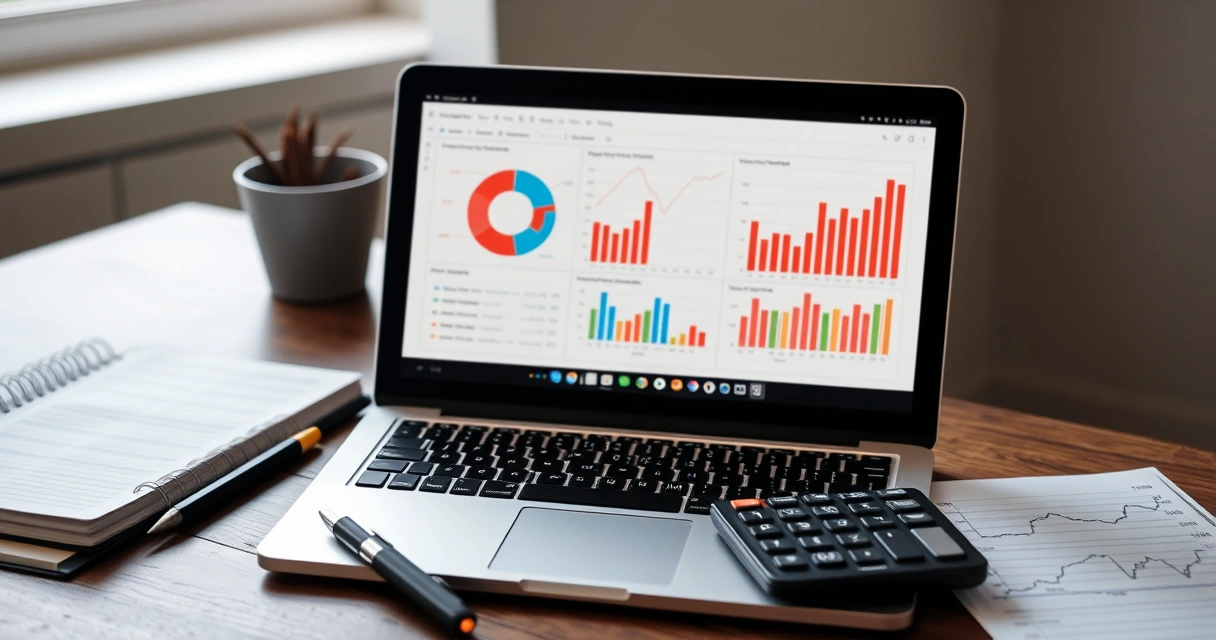 Notebook com gráficos ao lado de um caderno e uma calculadora