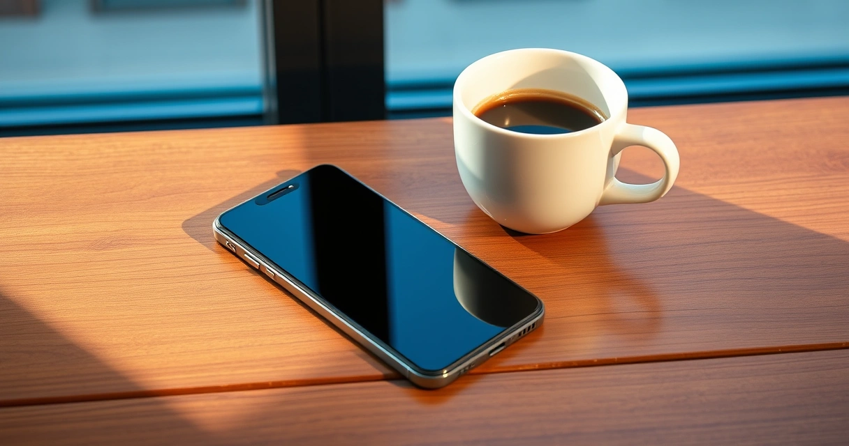 Celular sobre uma mesa de madeira, ao lado de uma xícara de café