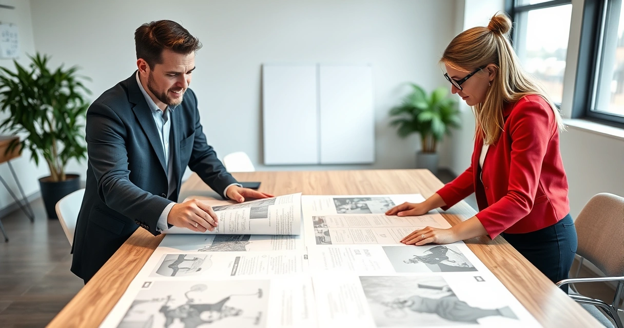 Duas pessoas analisando layouts impressos sobre uma mesa grande