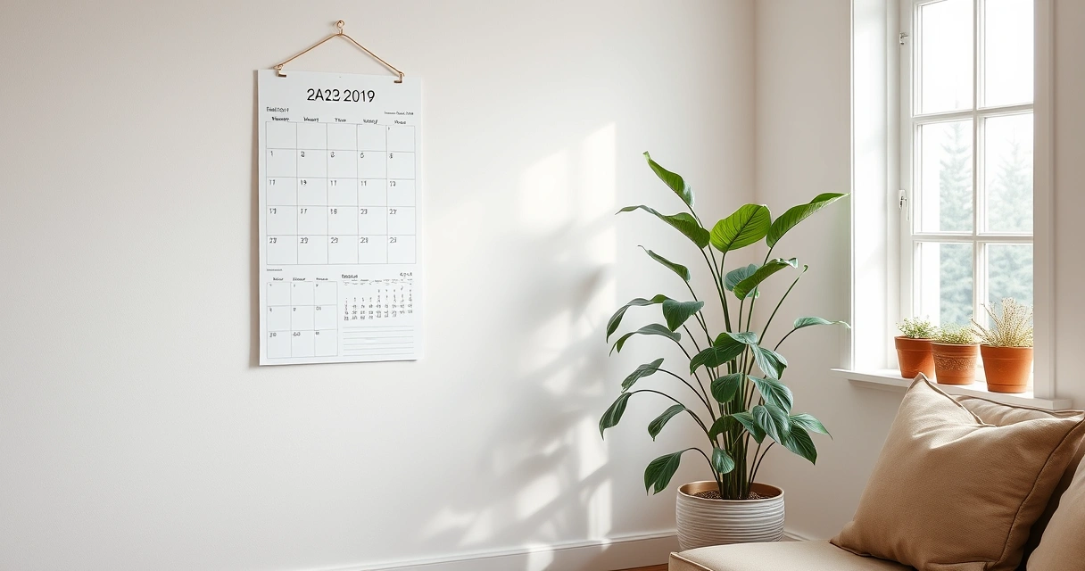 Calendário de parede e um vaso de planta no canto de uma sala