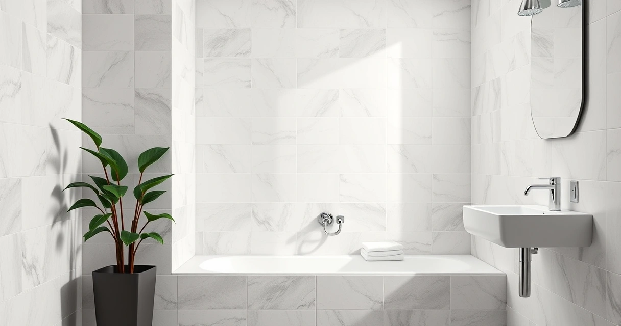 Banheiro moderno e limpo, com azulejos e uma planta