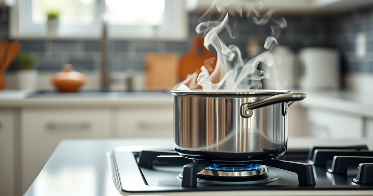 Panela sobre o fogão, com vapor subindo, e a bancada desfocada ao fundo