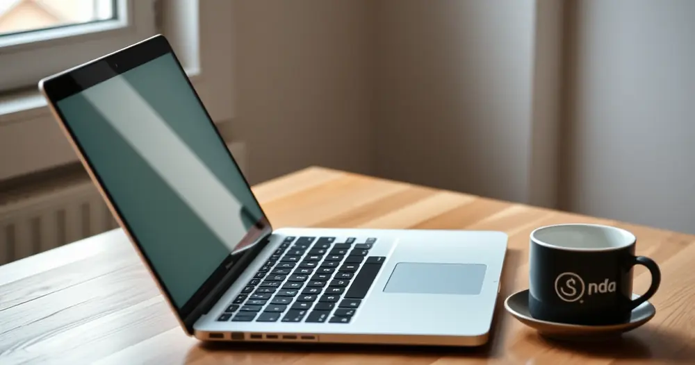 Notebook aberto sobre mesa de madeira, ao lado de uma caneca