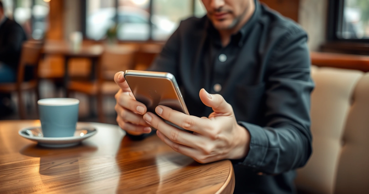 Pessoa segurando um celular na mesa de uma cafeteria