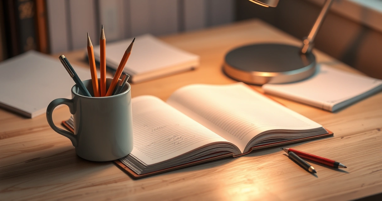 Caderno aberto, lápis e uma caneca sobre a mesa de estudo