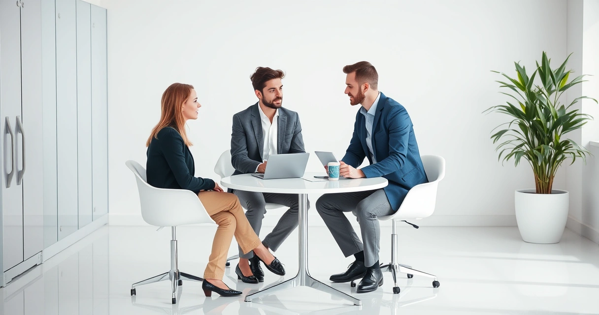 Três pessoas conversando ao redor de uma mesa num escritório claro