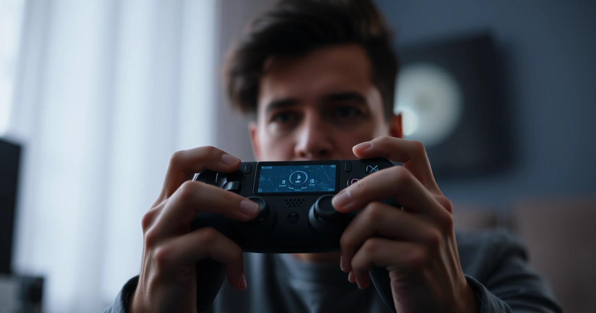 Mãos segurando um controle de videogame, com o brilho da tela ao fundo