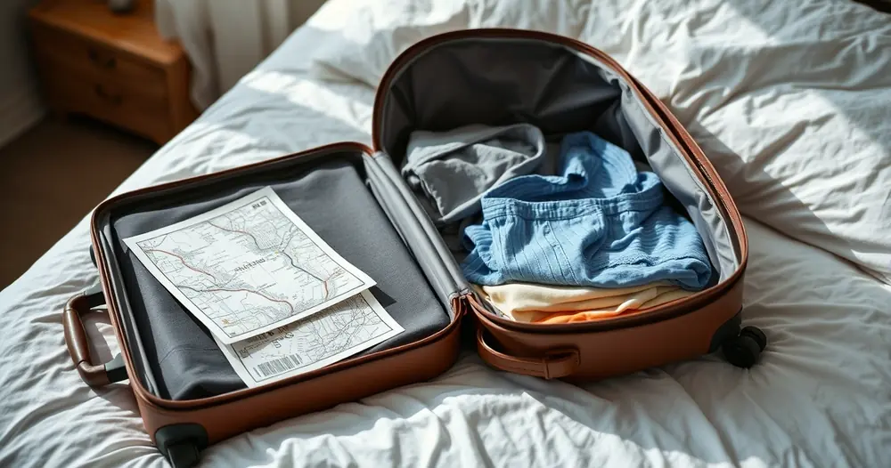 Mala aberta com roupas dobradas e um mapa de papel sobre a cama