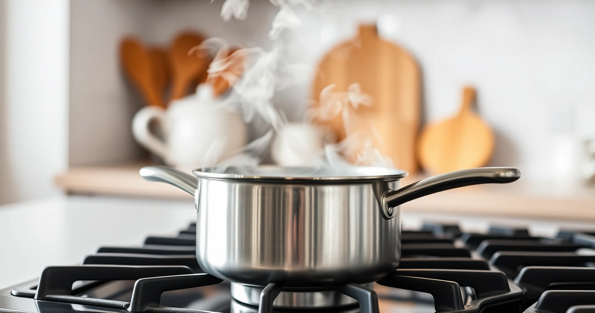 Panela sobre o fogão, com vapor subindo, e a bancada desfocada ao fundo