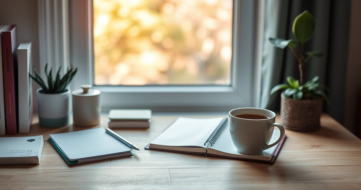 Escrivaninha organizada com caderno, caneta e xícara de café
