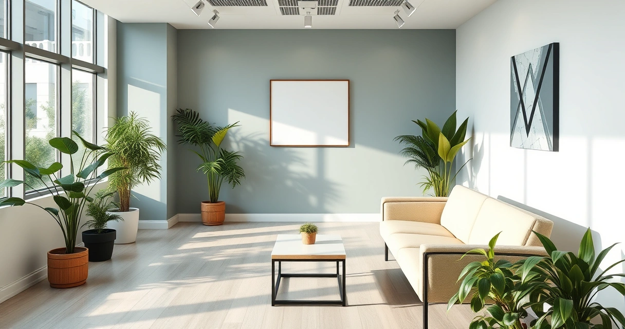Sala de espera de consultório, com plantas e luz suave
