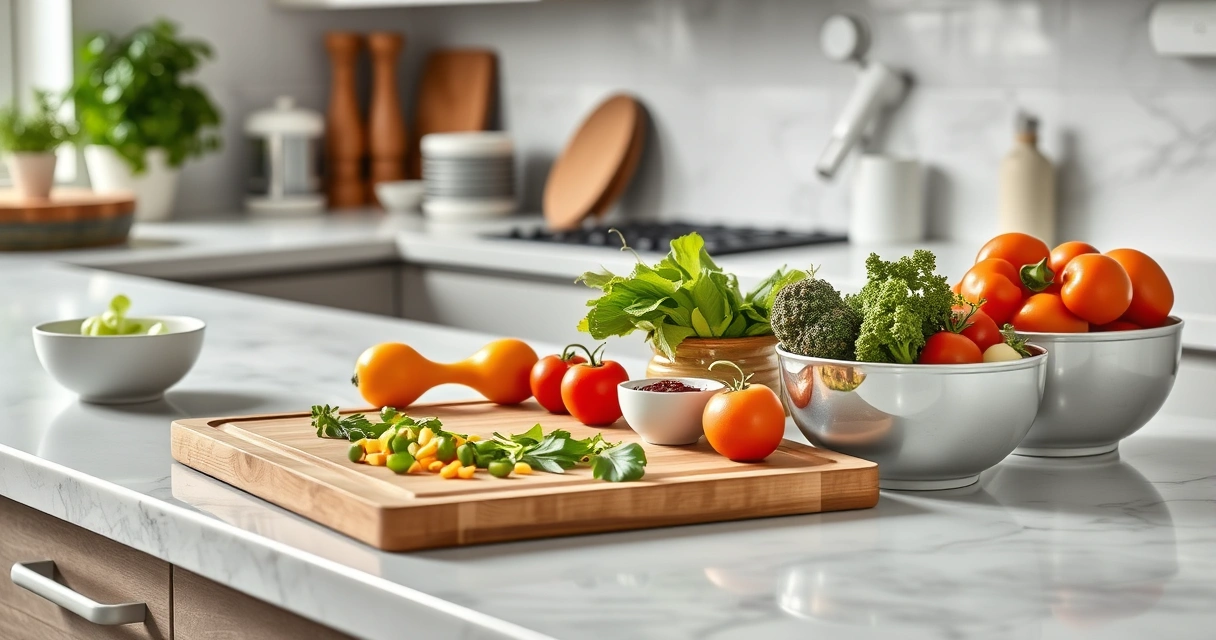 Bancada de cozinha com tábua, tigelas e legumes frescos