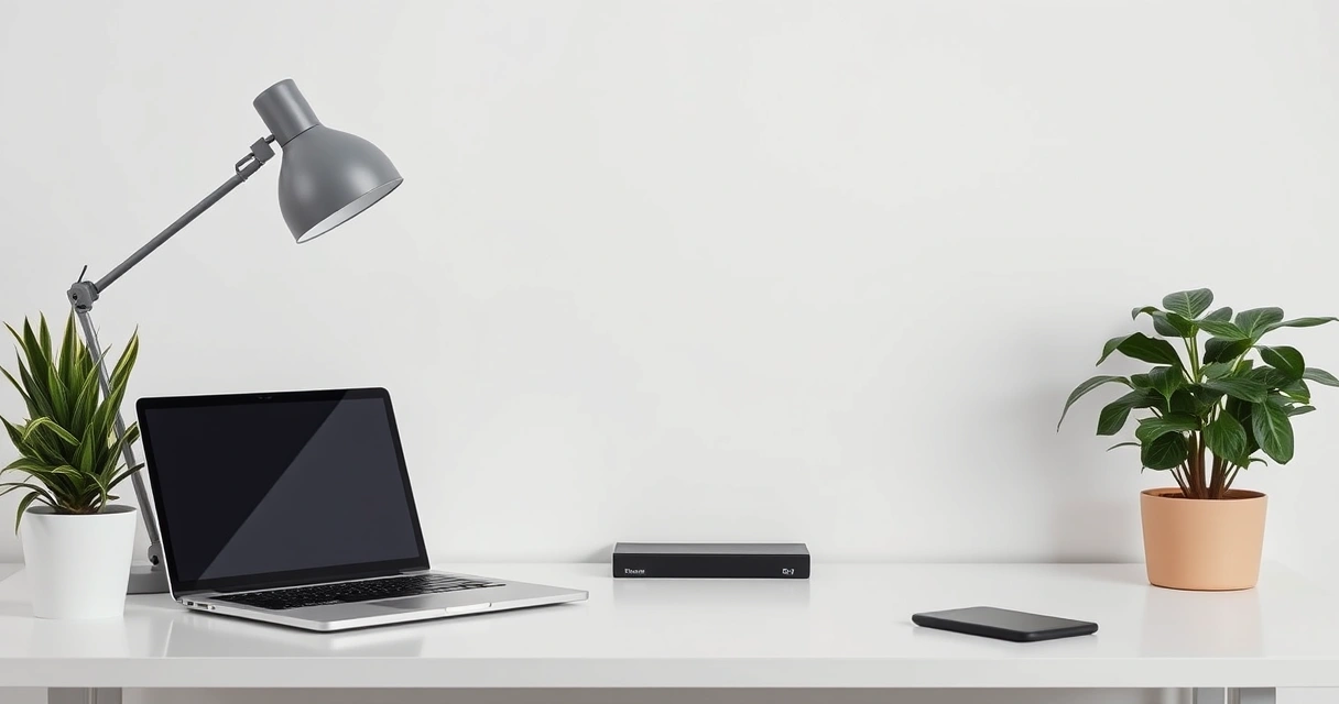 Estação de trabalho organizada, com notebook, luminária e planta