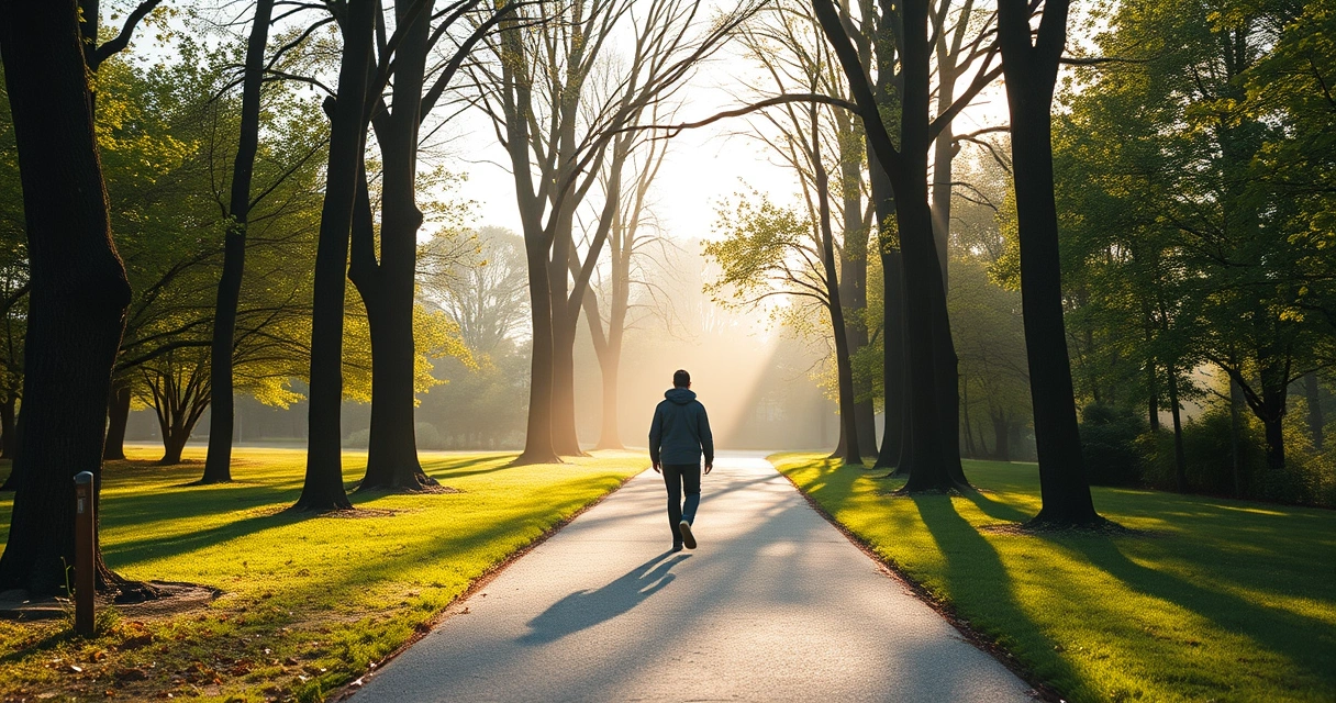 Pessoa caminhando por uma trilha de parque entre árvores