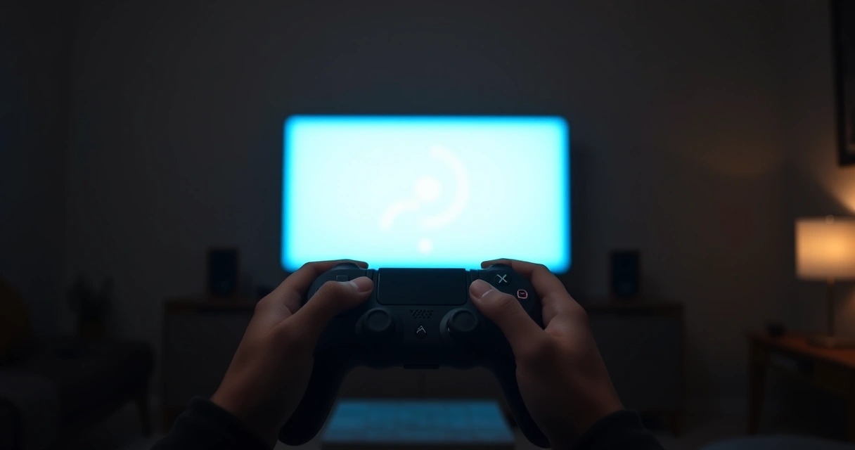Mãos segurando um controle de videogame, com o brilho da tela ao fundo