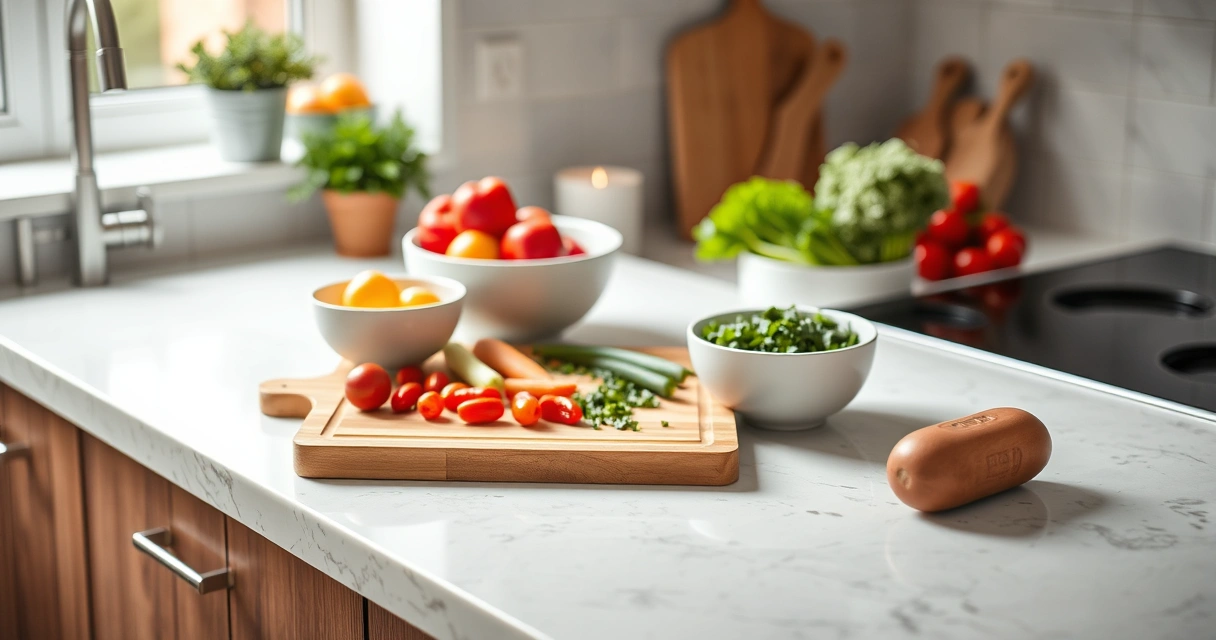 Bancada de cozinha com tábua, tigelas e legumes frescos