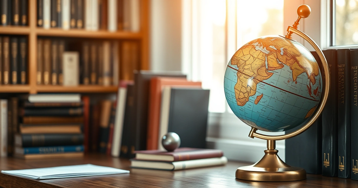 Globo terrestre de mesa ao lado de livros, num escritório