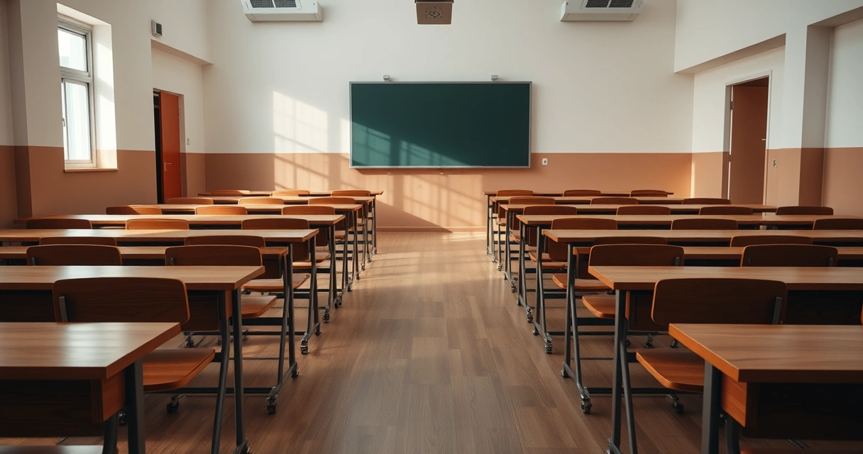 Sala de aula vazia com carteiras de madeira e luz natural