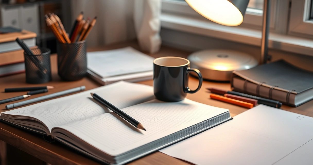 Caderno aberto, lápis e uma caneca sobre a mesa de estudo