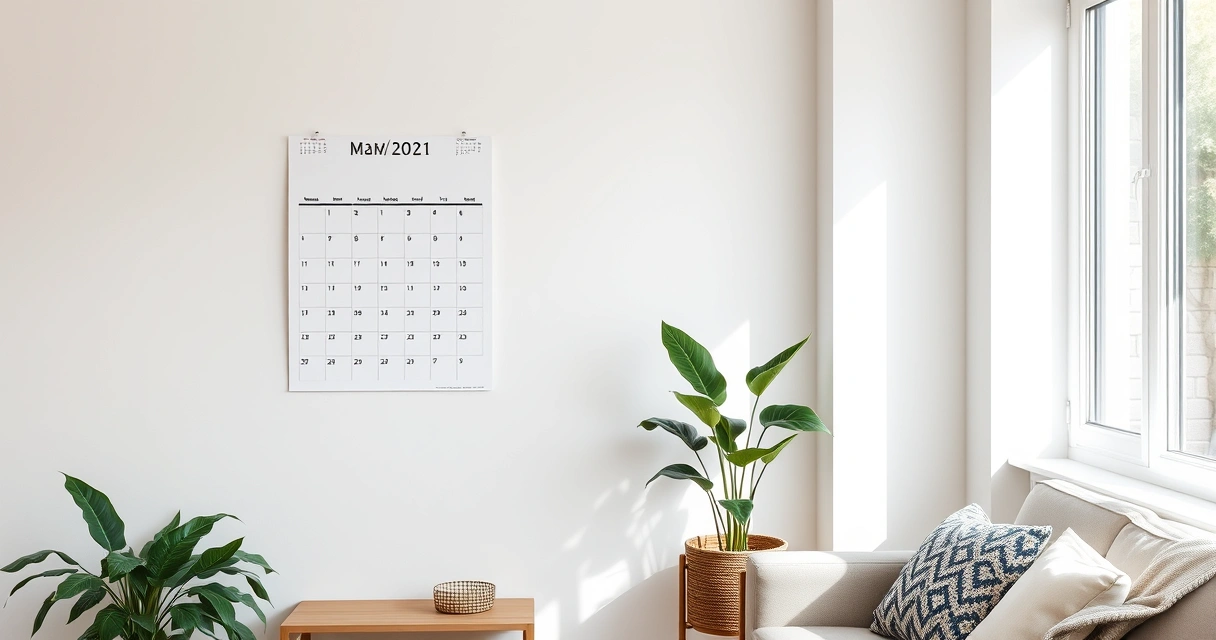 Calendário de parede e um vaso de planta no canto de uma sala