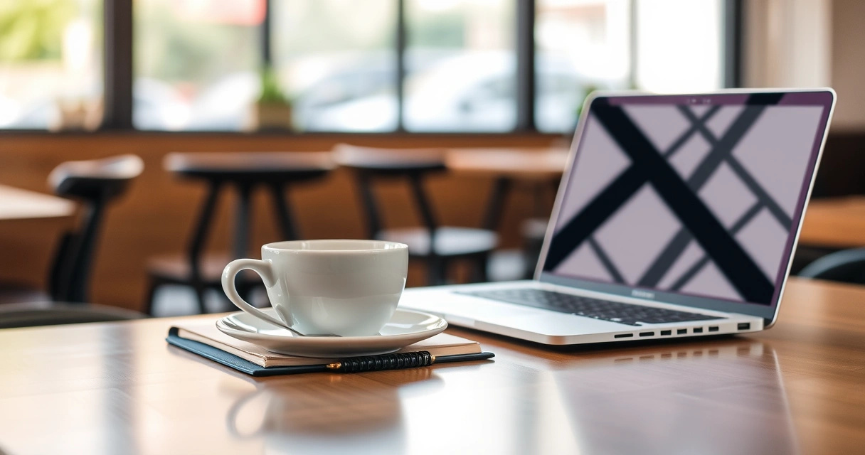 Caderno, café e notebook sobre a mesa de uma cafeteria