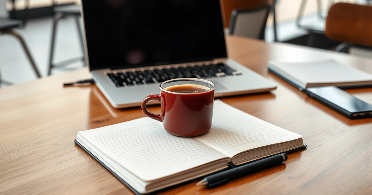 Caderno, café e notebook sobre a mesa de uma cafeteria