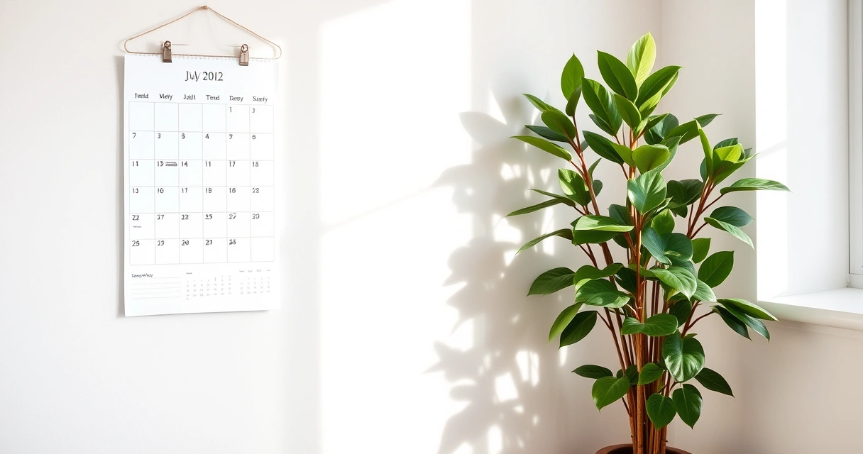 Calendário de parede e um vaso de planta no canto de uma sala