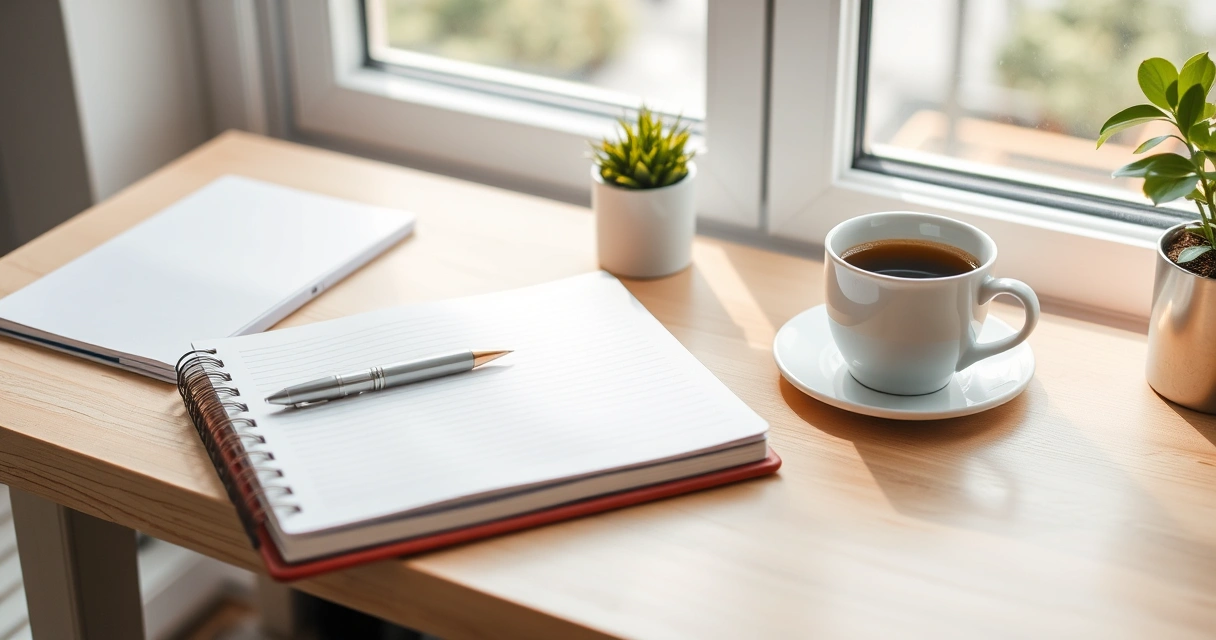 Escrivaninha organizada com caderno, caneta e xícara de café