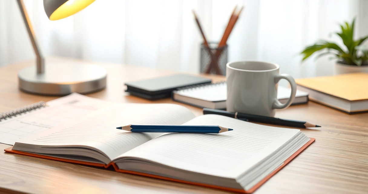 Caderno aberto, lápis e uma caneca sobre a mesa de estudo