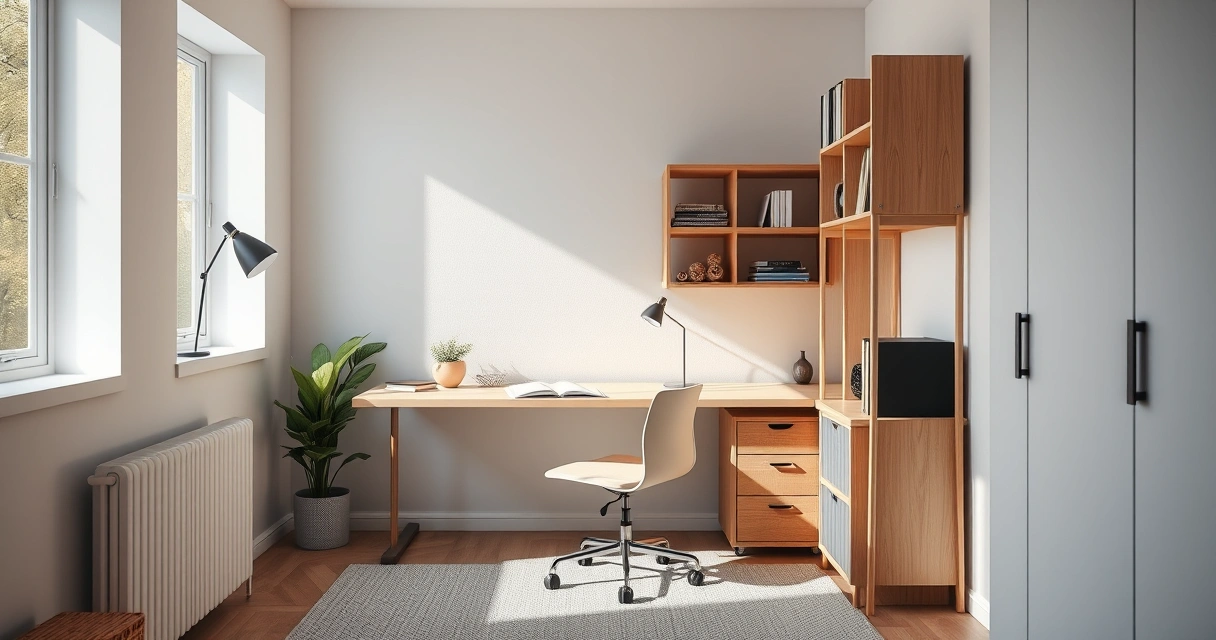 Escritório compacto em casa, com mesa, cadeira e prateleiras