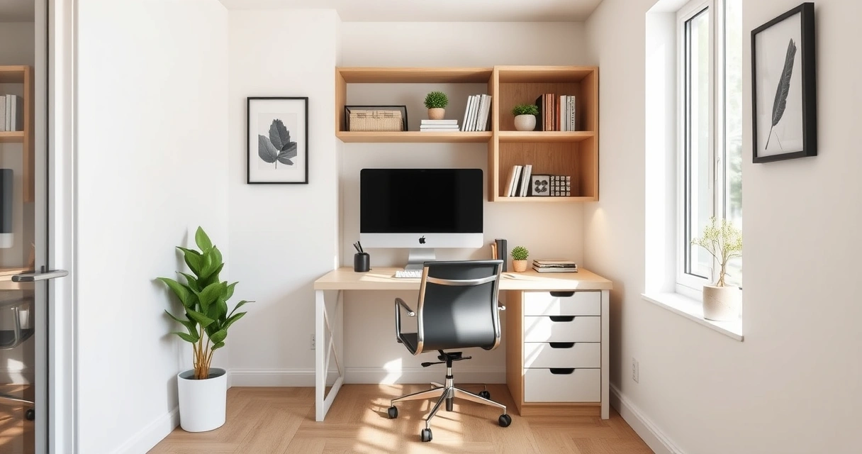 Escritório compacto em casa, com mesa, cadeira e prateleiras