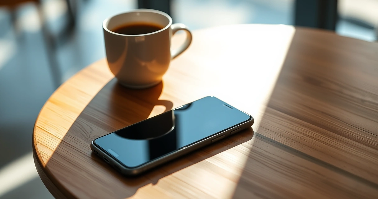 Celular sobre uma mesa de madeira, ao lado de uma xícara de café