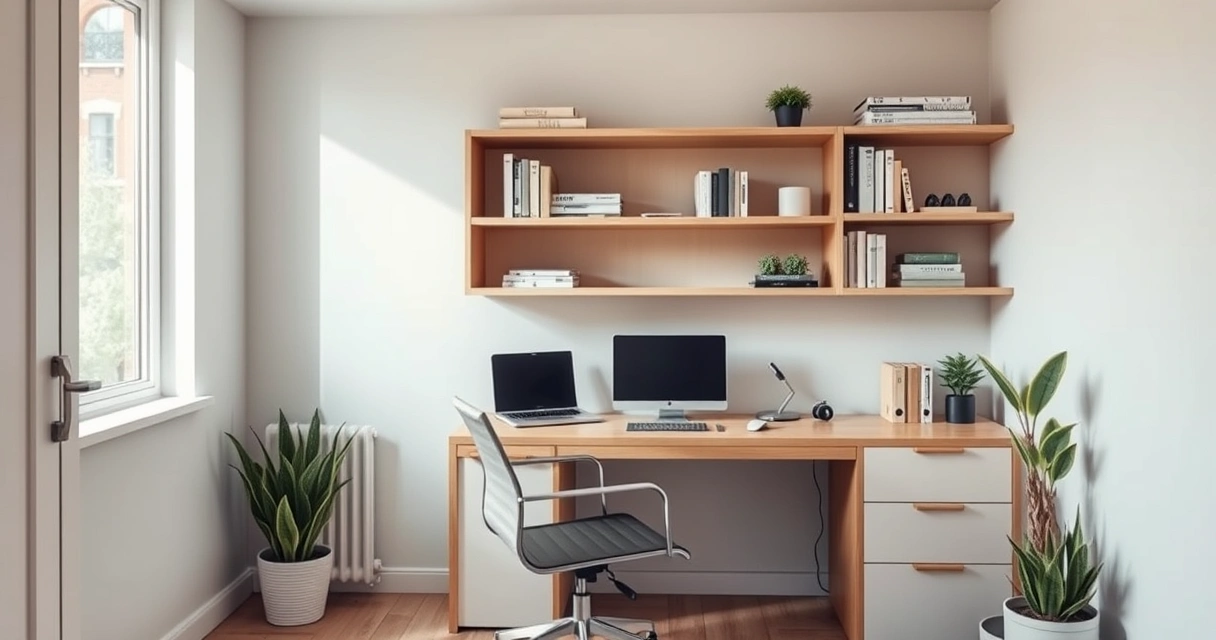 Escritório compacto em casa, com mesa, cadeira e prateleiras