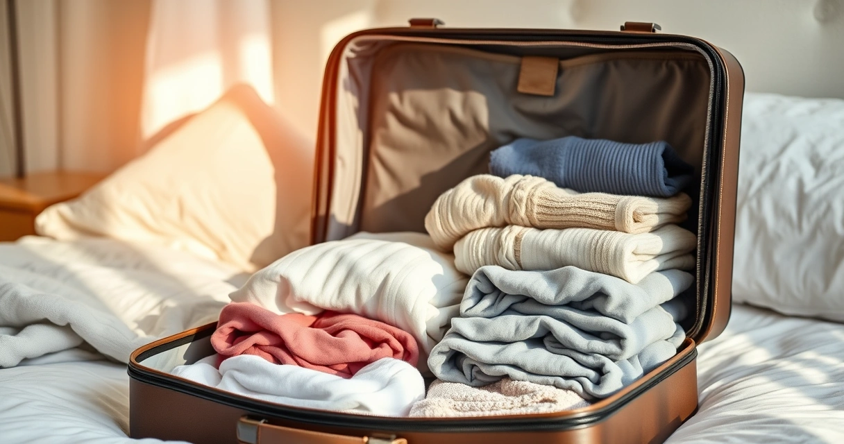 Mala aberta com roupas dobradas sobre a cama, com luz da manhã