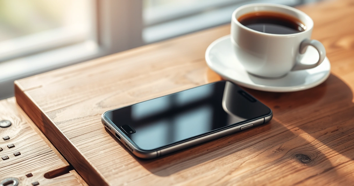 Celular sobre uma mesa de madeira, ao lado de uma xícara de café