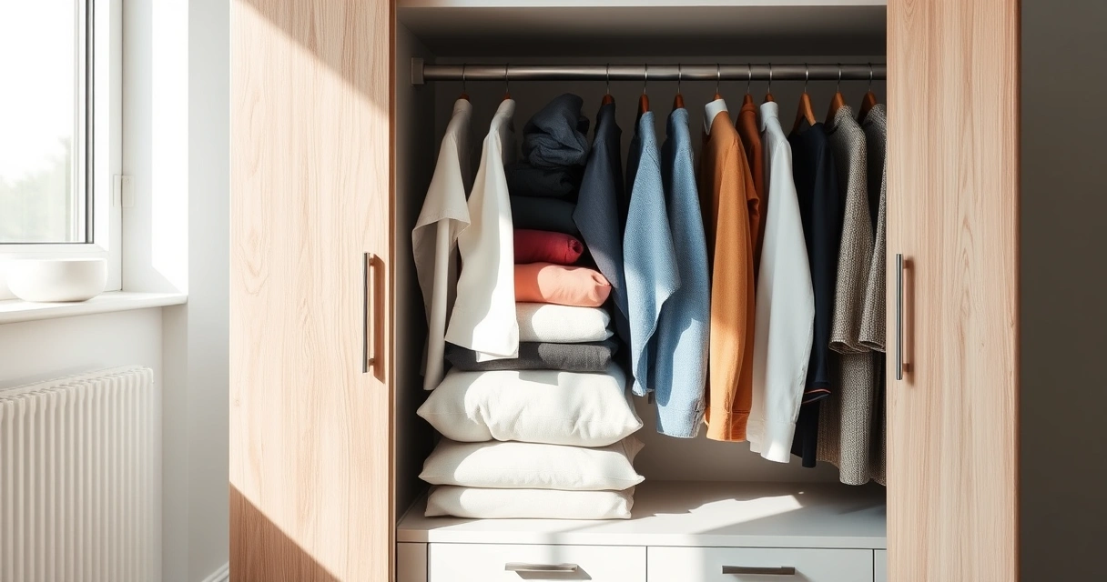 Roupas dobradas com cuidado dentro de um guarda-roupa aberto