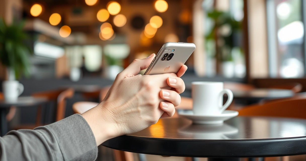 Pessoa segurando um celular na mesa de uma cafeteria