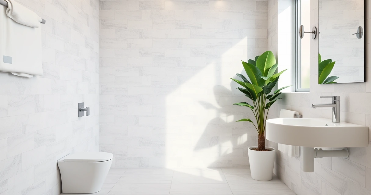 Banheiro moderno e limpo, com azulejos e uma planta