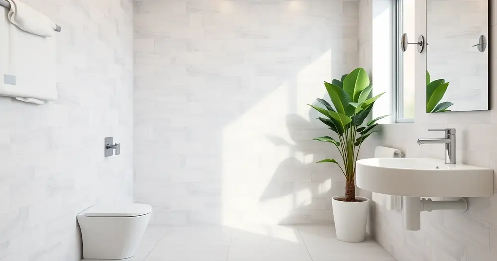 Banheiro moderno e limpo, com azulejos e uma planta