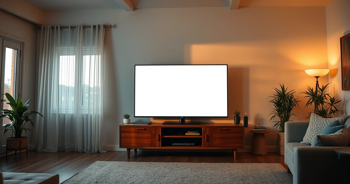 Televisão sobre um rack de madeira numa sala arrumada