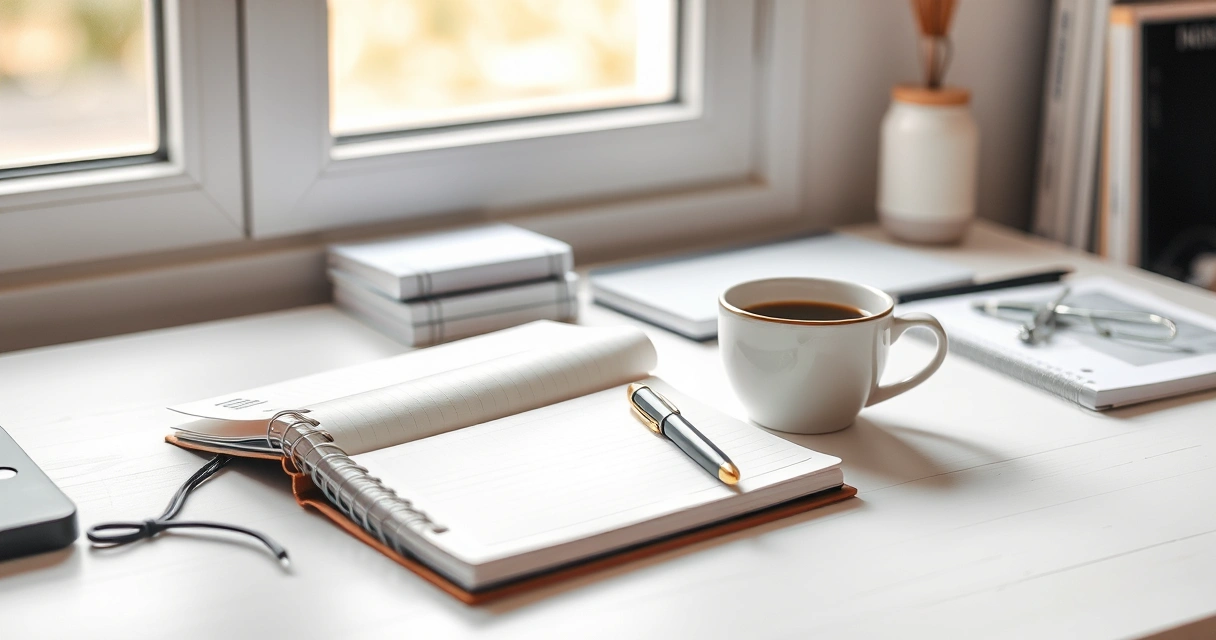 Escrivaninha organizada com caderno, caneta e xícara de café