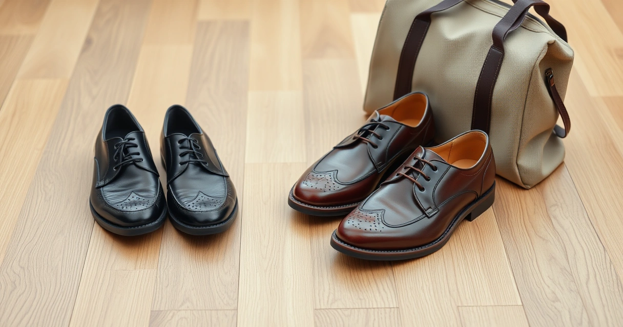 Par de sapatos sobre piso de madeira, ao lado de uma bolsa