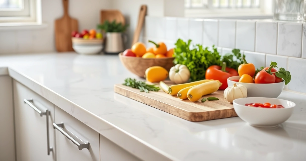 Bancada de cozinha com tábua, tigelas e legumes frescos