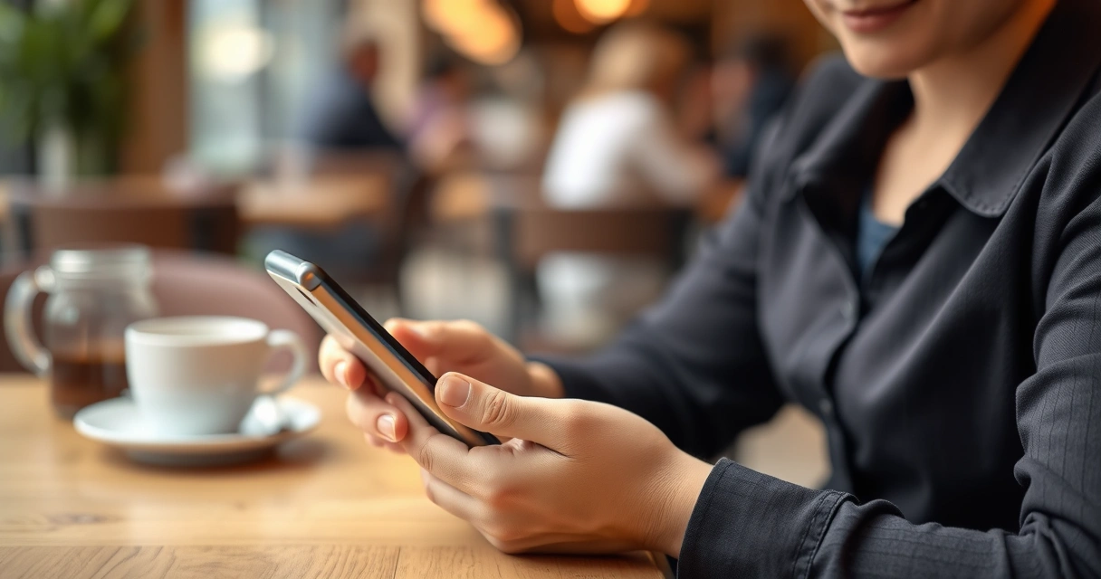 Pessoa segurando um celular na mesa de uma cafeteria
