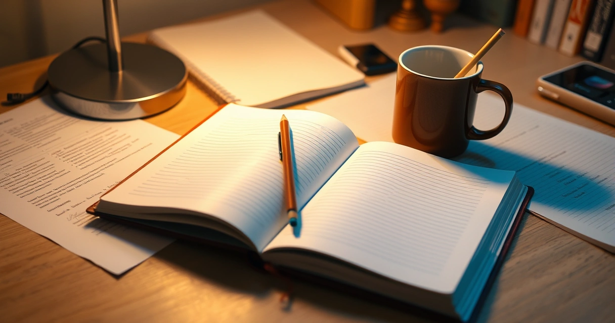 Caderno aberto, lápis e uma caneca sobre a mesa de estudo